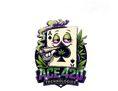 Logo of smoking ace of spades with purple and green accents above ACE420 TECHNOLOGIES