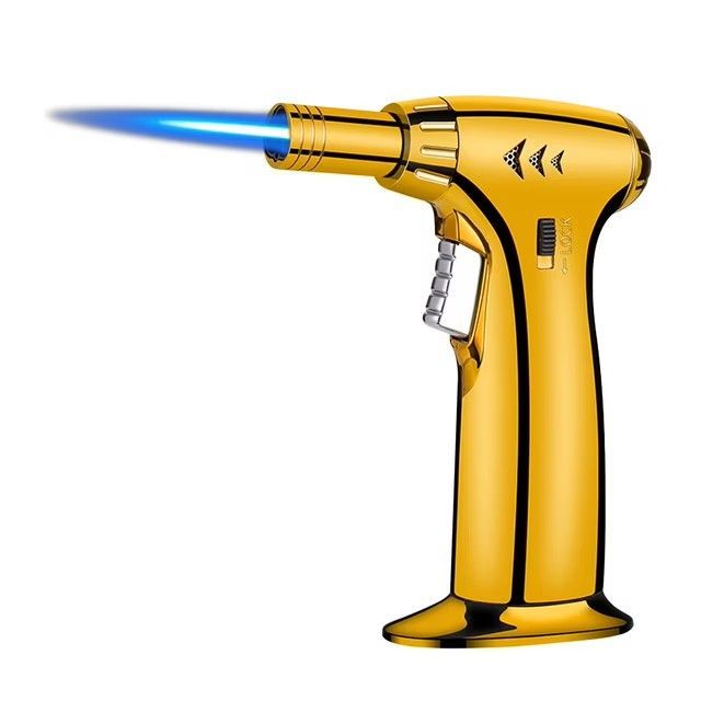 Yellow torch lighter with a blue flame on a white background