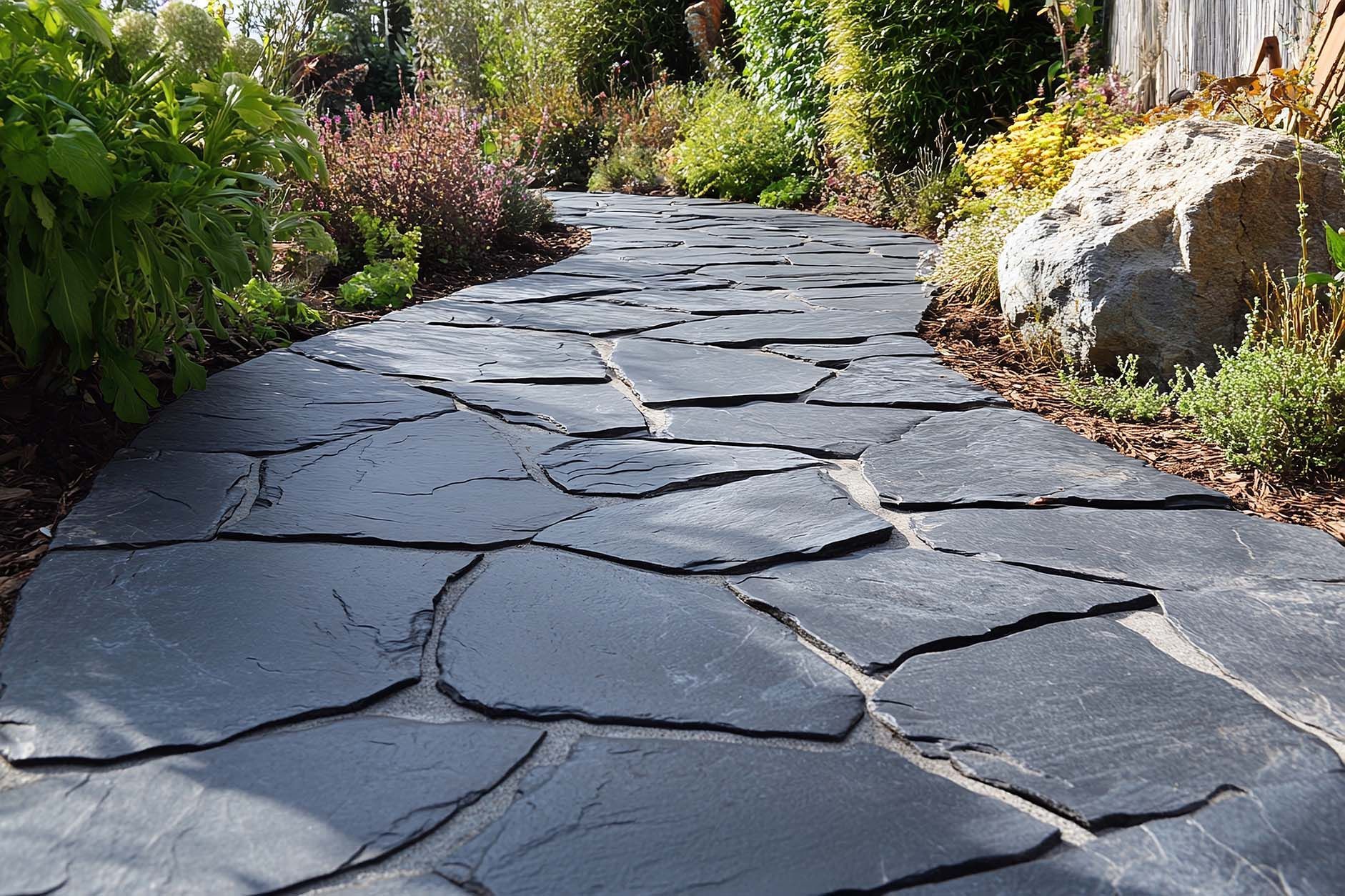 Ein Steinweg in einem Garten, umgeben von Felsen und Pflanzen