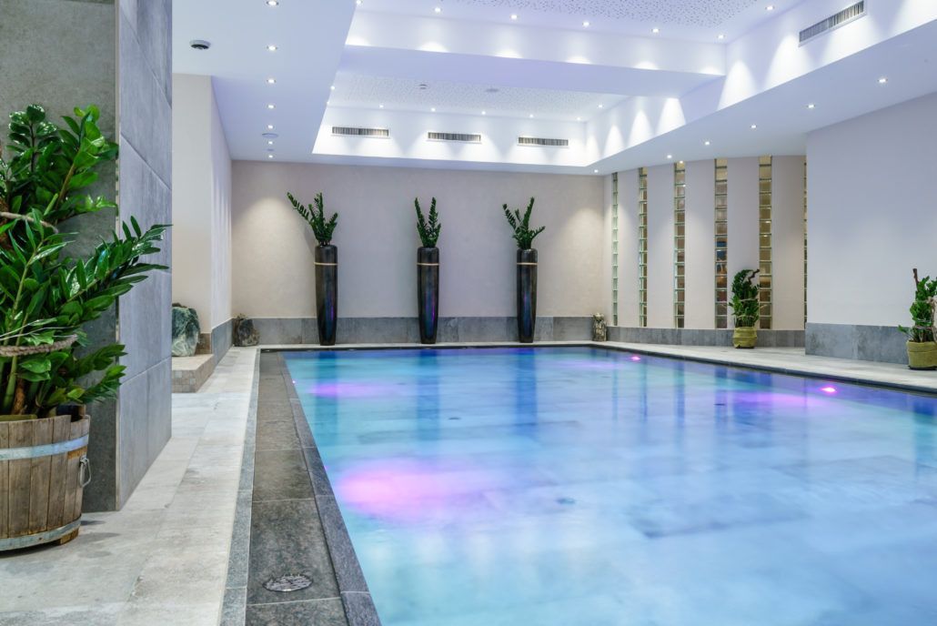 Ein großes Hallenbad, umgeben von Topfpflanzen.