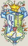 A colorful coat of arms with a crown , scales of justice , a shark and flowers.