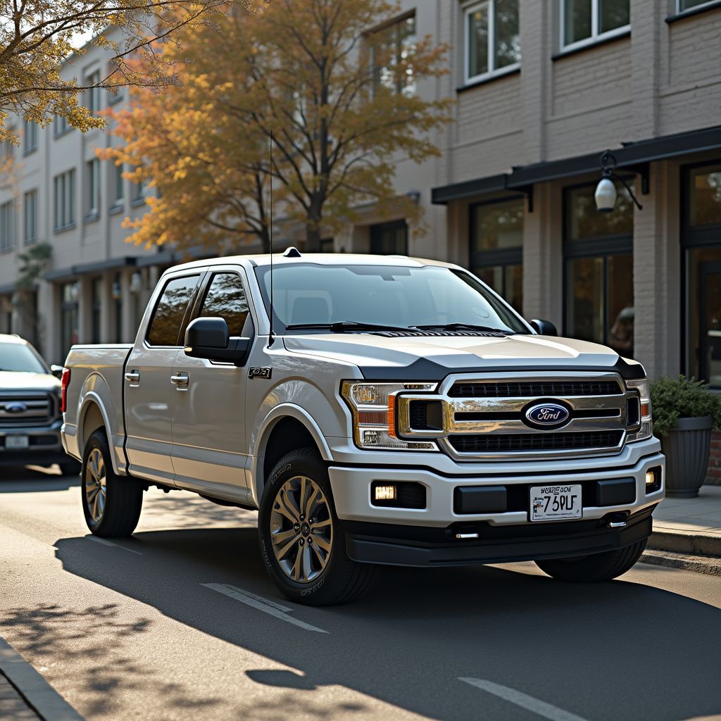 White Ford F-150 truck driving on a city street with buildings and trees in the background.