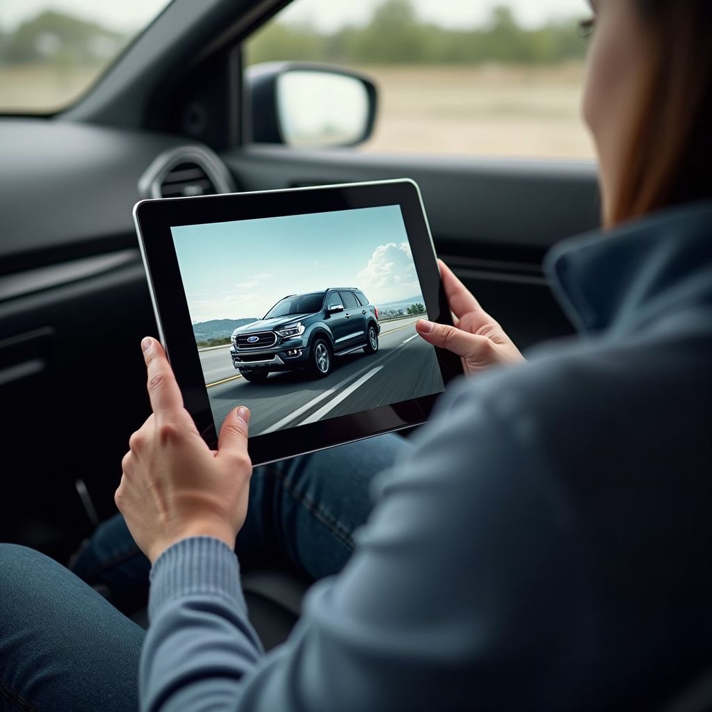 Person in car, looking at a tablet showing a dark SUV driving on a road.
