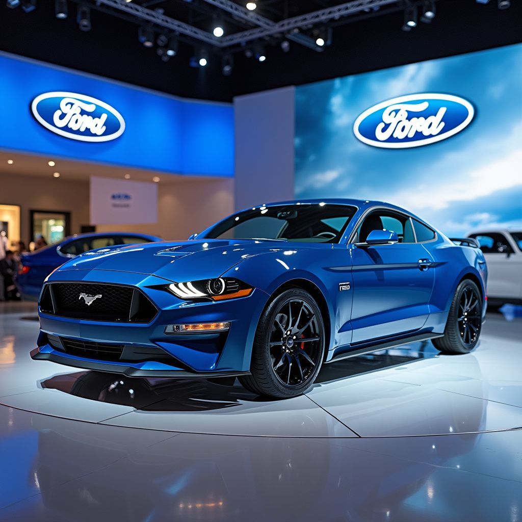 Blue Ford Mustang on display at an auto show, surrounded by Ford logos and lights.