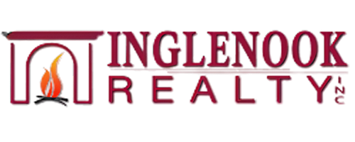 Logo for Inglenook Realty, featuring a fireplace illustration with flames, and text in burgundy.