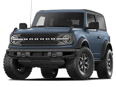 Blue Ford Bronco SUV, front view, off-road tires, black accents.