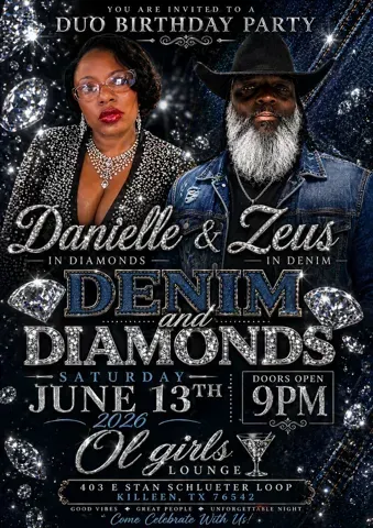 Birthday party flyer with two people, glittery blue denim-and-diamonds theme, June 13, 2026, 9 PM