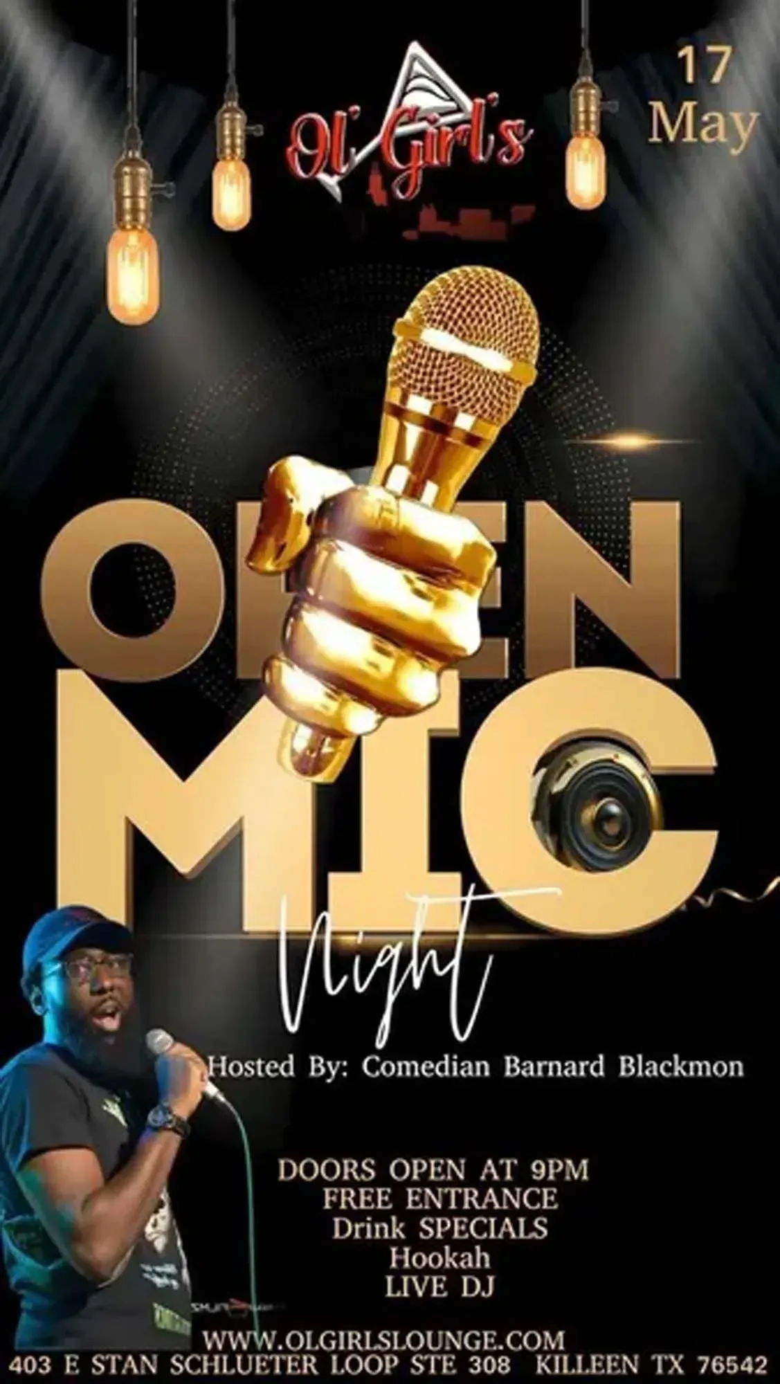 Open mic event poster with gold microphone, bold gold text, and dark stage lighting