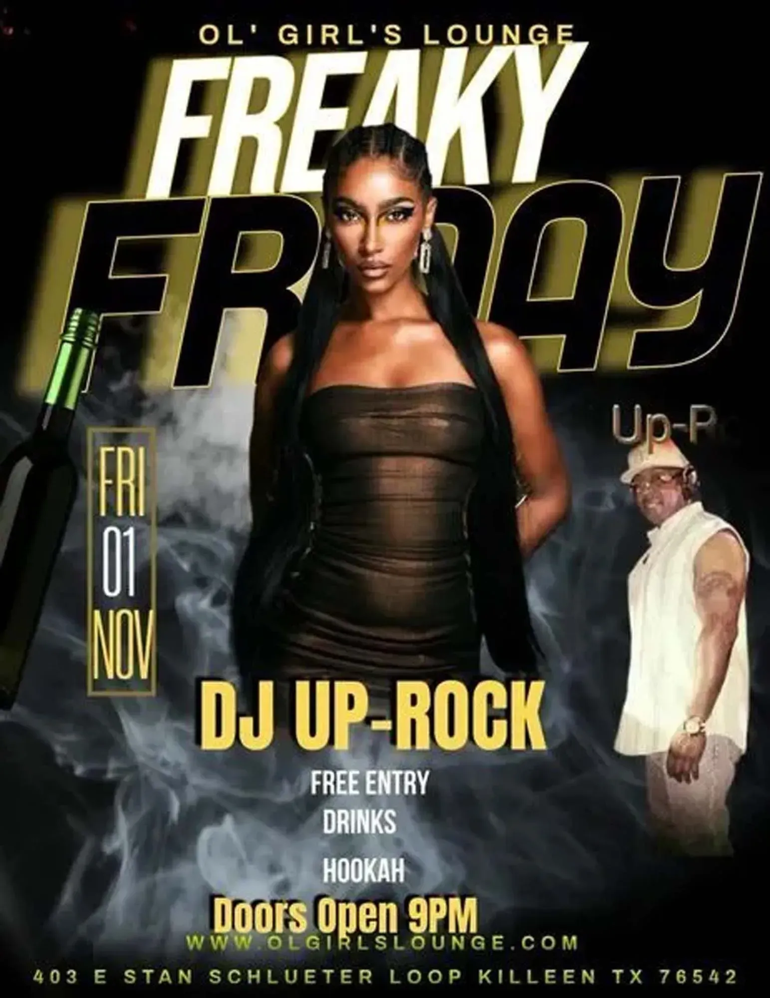 Freaky Friday club flyer featuring DJ Up-Rock, model, and “Doors Open 9PM” details