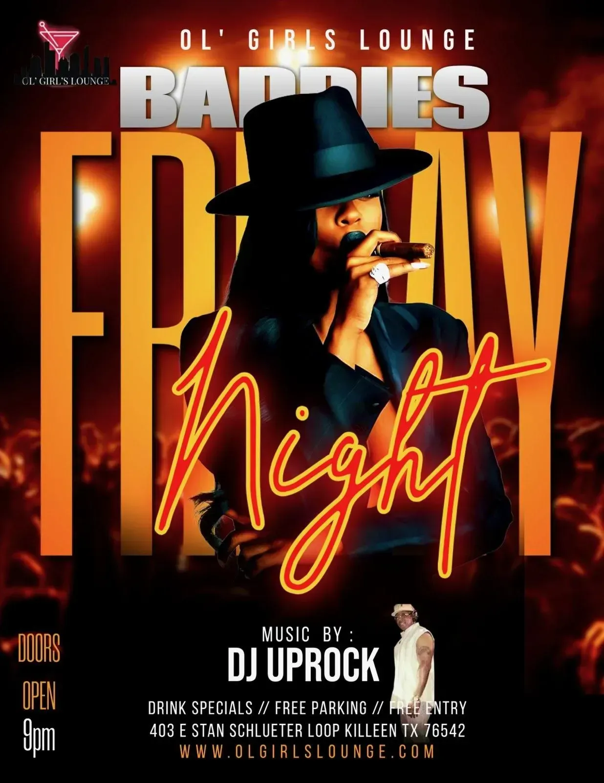 Event flyer for “Barbies Freaky Night” with a performer in a black hat and orange neon lettering