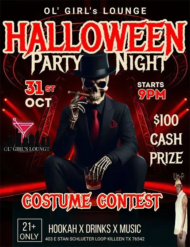 Halloween party poster with skeleton in top hat, red-black design, Oct 31, 9 PM, $100 cash prize, costume contest