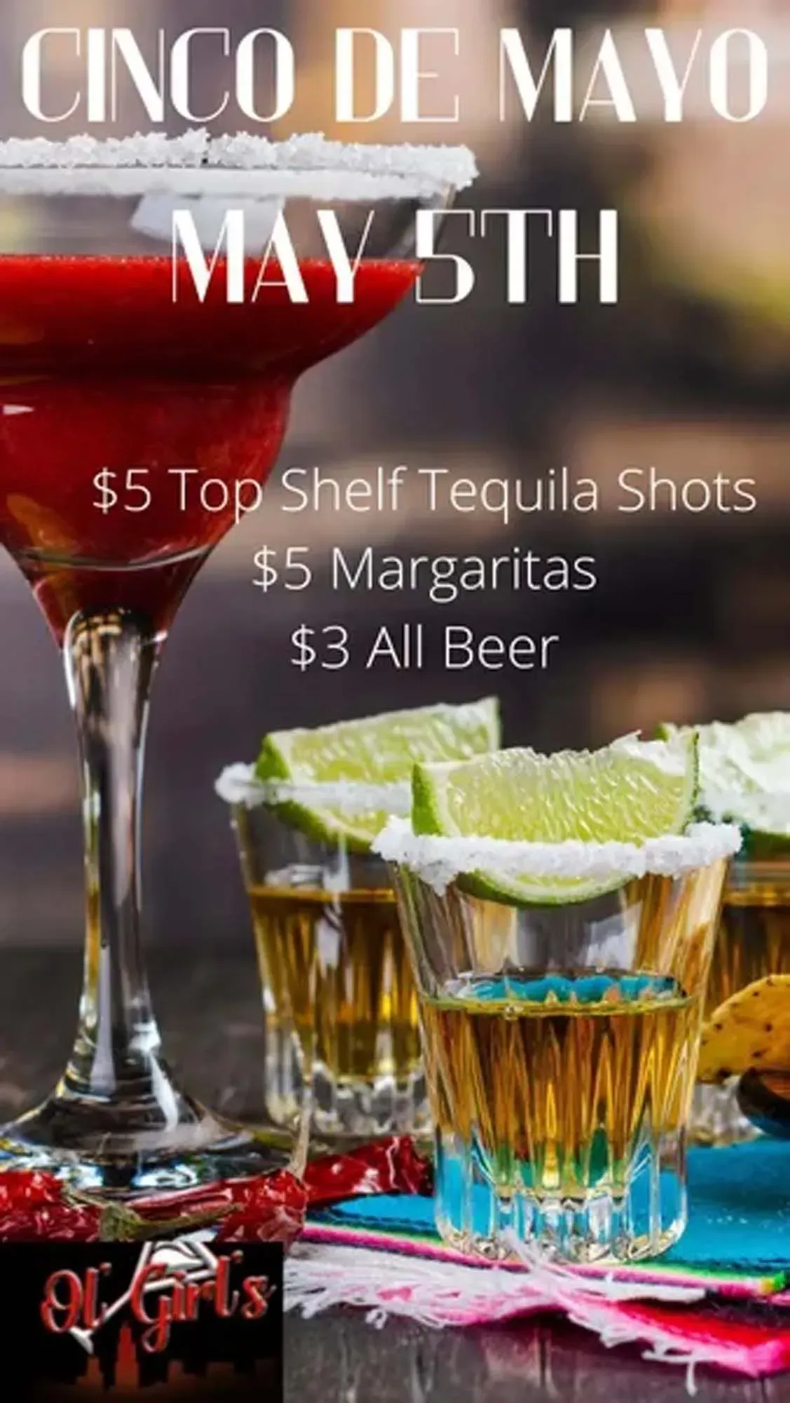 Cinco de Mayo May 5th flyer with tequila shots, margaritas, and beer specials in red, white, and green