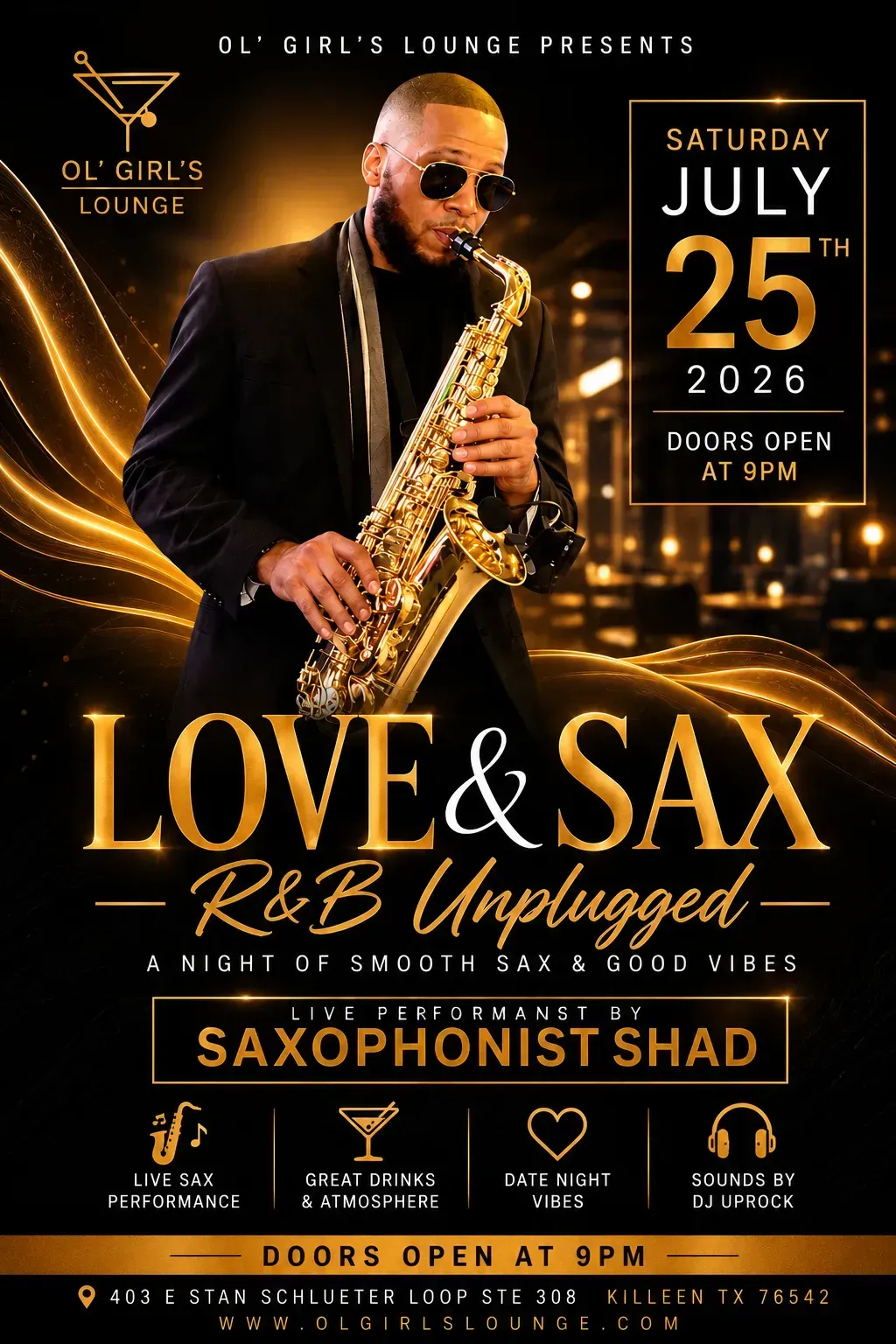Poster for “Love & Sax R&B Unplugged” featuring saxophonist Shad, with event date and time details.