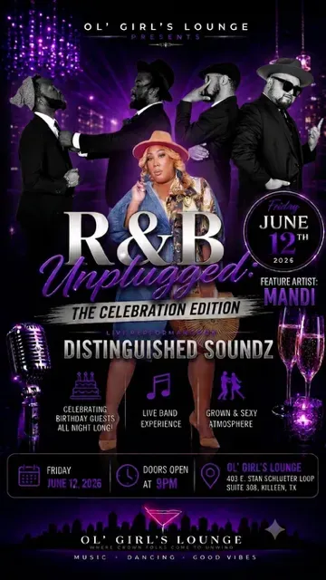 Purple R&B celebration poster featuring performers, “June 7” date, and “Distinguished Soundz” event details