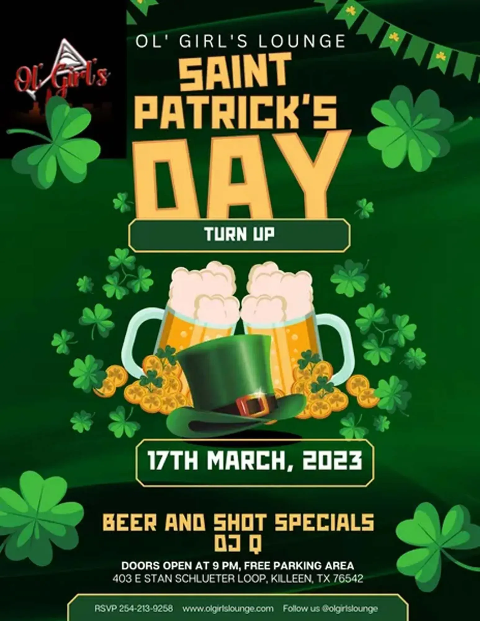 St. Patrick’s Day party poster with green clovers, beer mugs, and “Turn Up” text for 17th March 2023