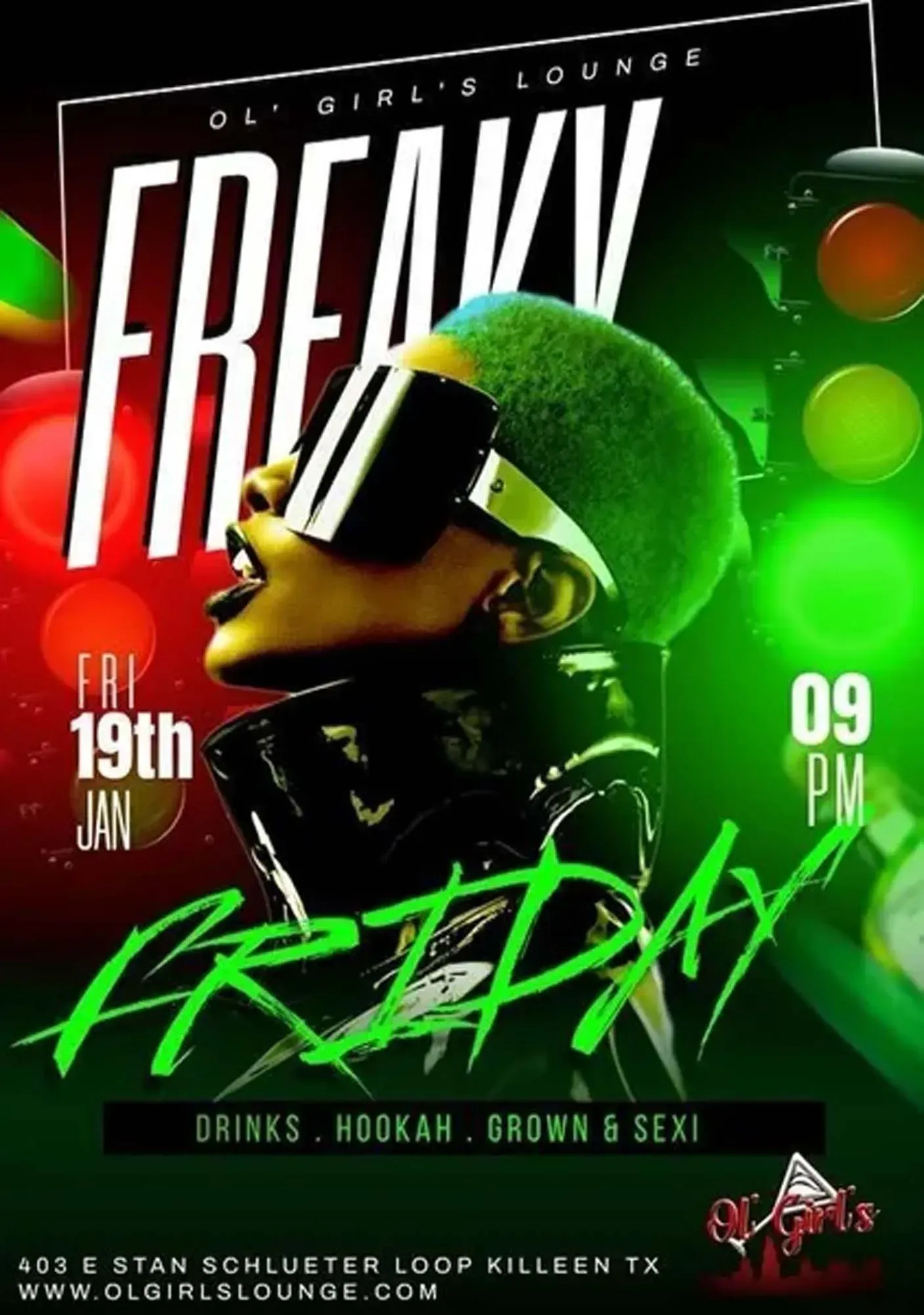 Nightclub flyer with neon-green text, a profile portrait, and event details for Friday 19th Jan, 9 PM.