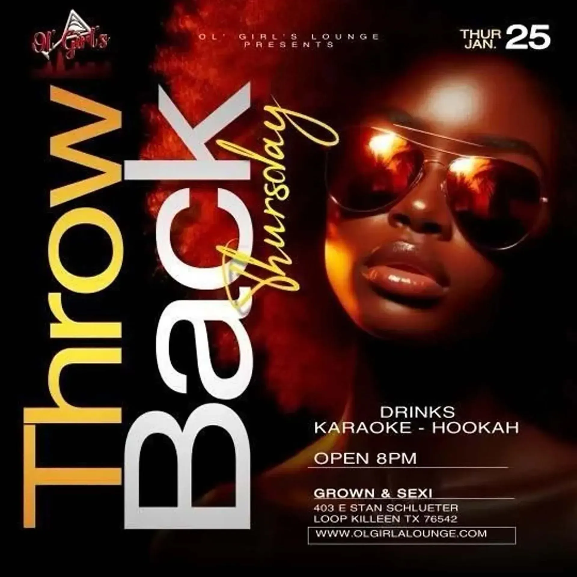 Throwback Thursday promo poster with a woman in sunglasses and event details on a black-gold background
