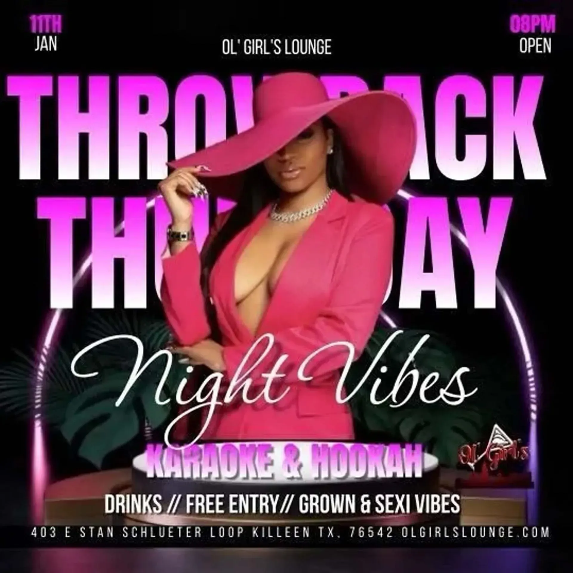 Throwback Thursday Night Vibes flyer with a woman in a pink hat and dress, karaoke, drinks, and free entry