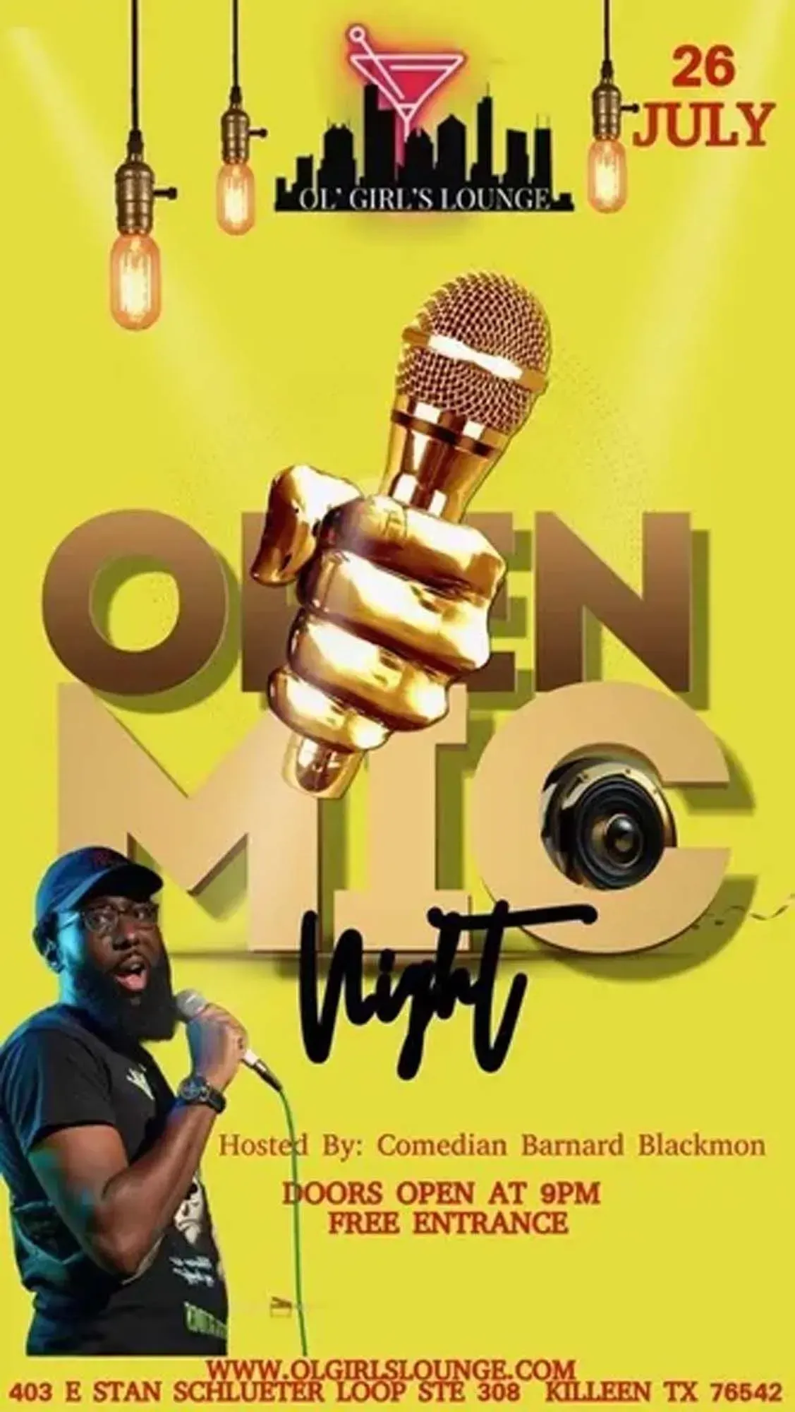 Open mic event poster with microphone, city skyline, yellow background, and July 26 date