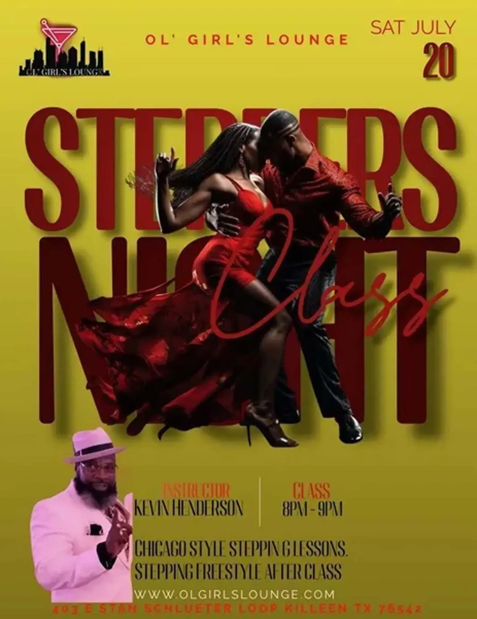 Poster for “Stepers Night” at OL’ Girl’s Lounge, featuring dancers in red on a black-and-gold background.