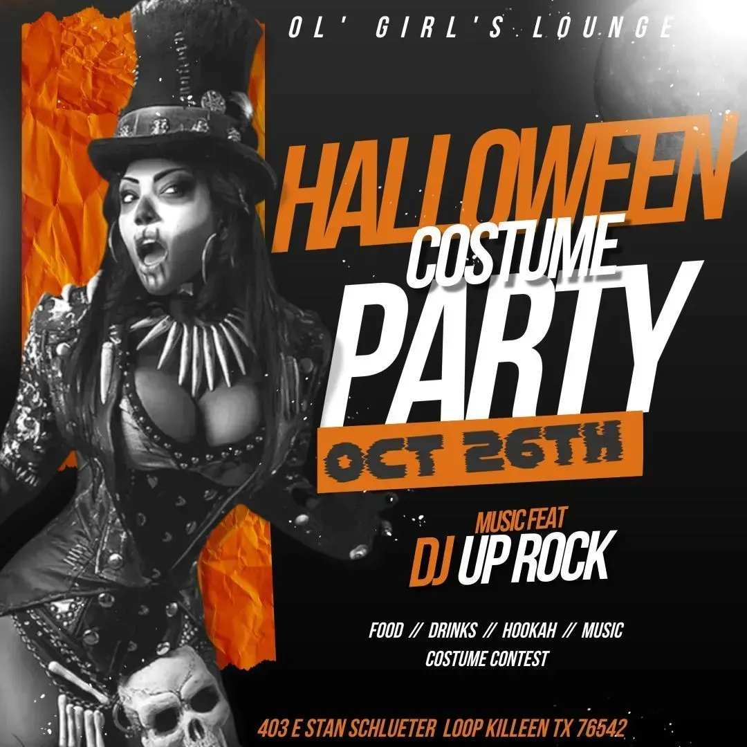 Halloween costume party poster with black-and-orange design, performer in top hat, Oct. 26th at QL Girl’s Lounge