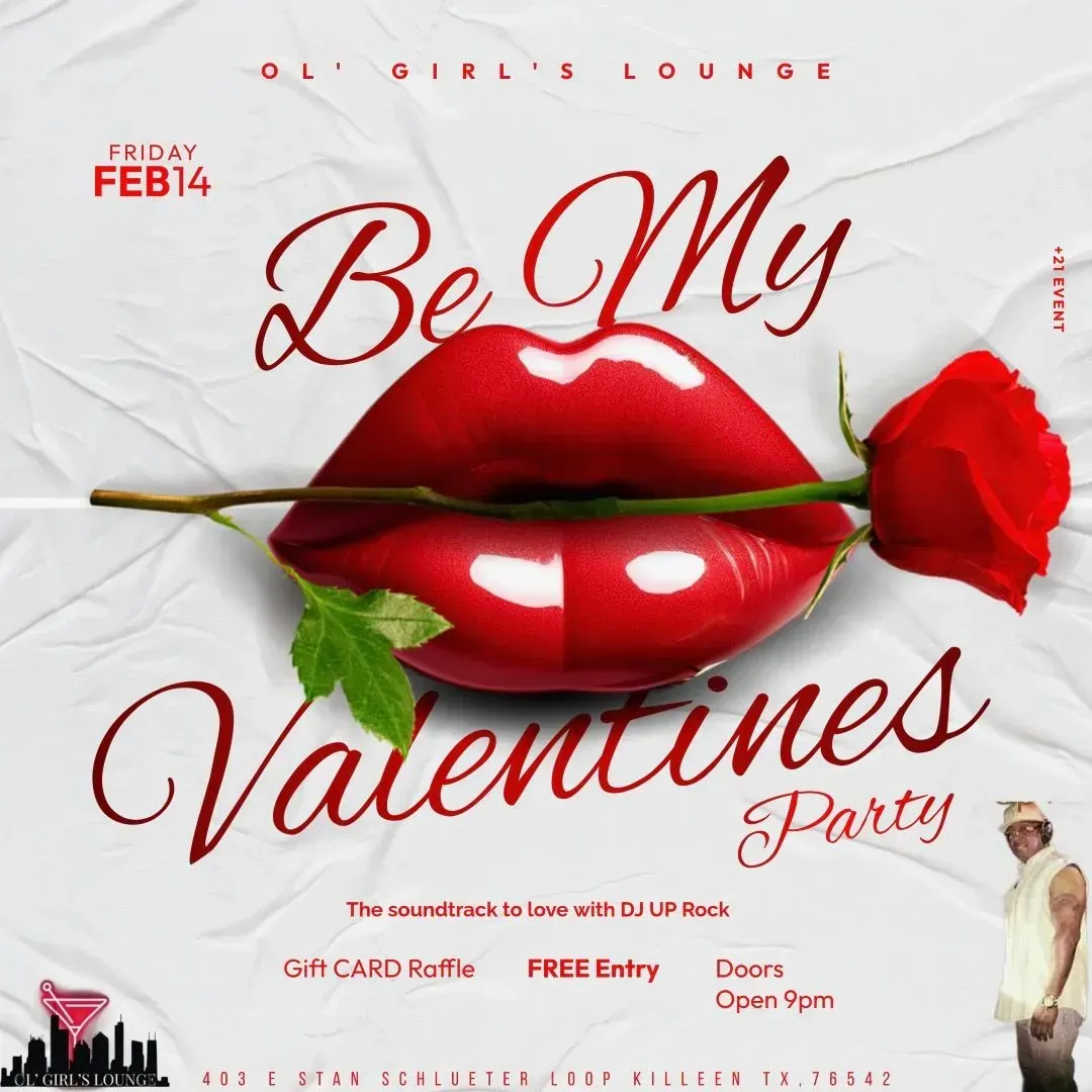 Red lips and a rose on a white background with “Be My Valentines Party” text.
