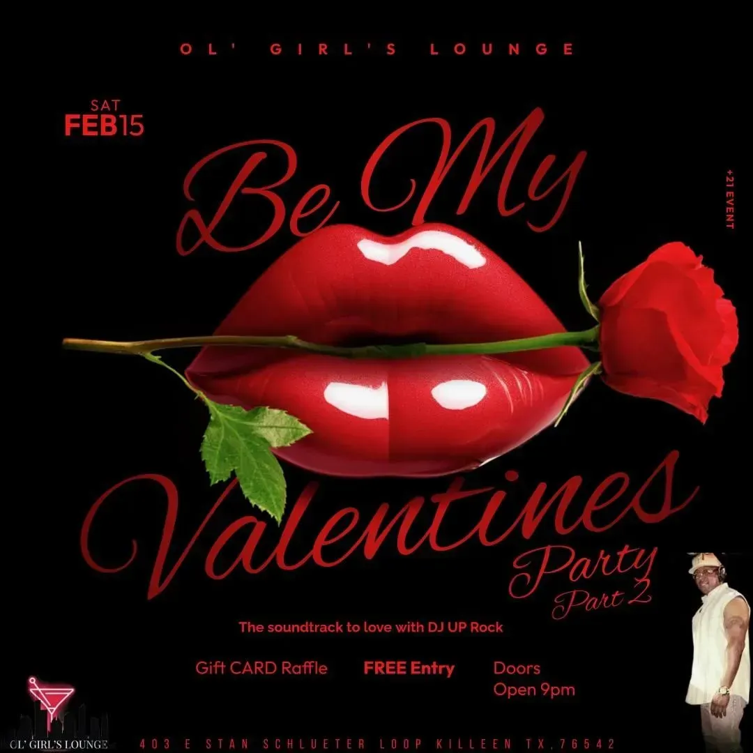 Red lips and a red rose on a black Valentine’s party flyer with cursive “Be My Valentine” text.