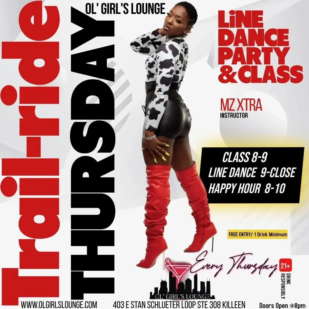 Thursday line dance party flyer with model in cow-print outfit and red boots, listing class and happy hour times