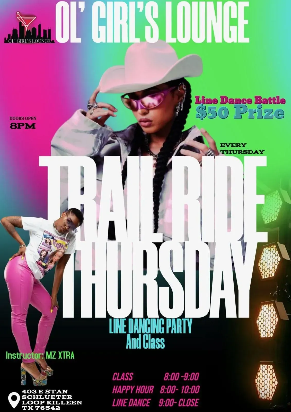Lilac flyer for Ol’ Girl’s Lounge with woman in white hat; “Trailer Thursday” line dancing party and raffle prize.