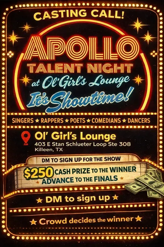Casting call poster for “Apollo Talent Night” at Q1 Girl’s Lounge, with prize and “DM to sign up” details.