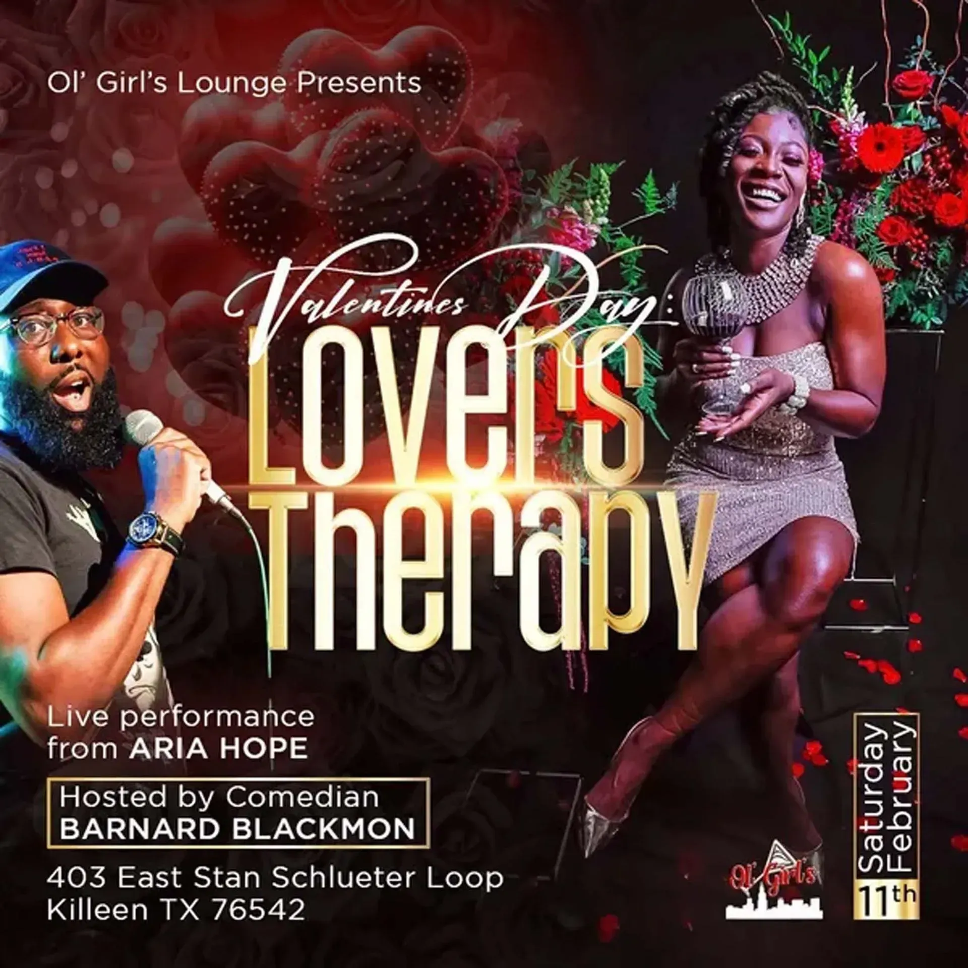 Valentine’s Day “Lovers Therapy” live performance poster with host Bernard Blackmon and red heart-themed graphics