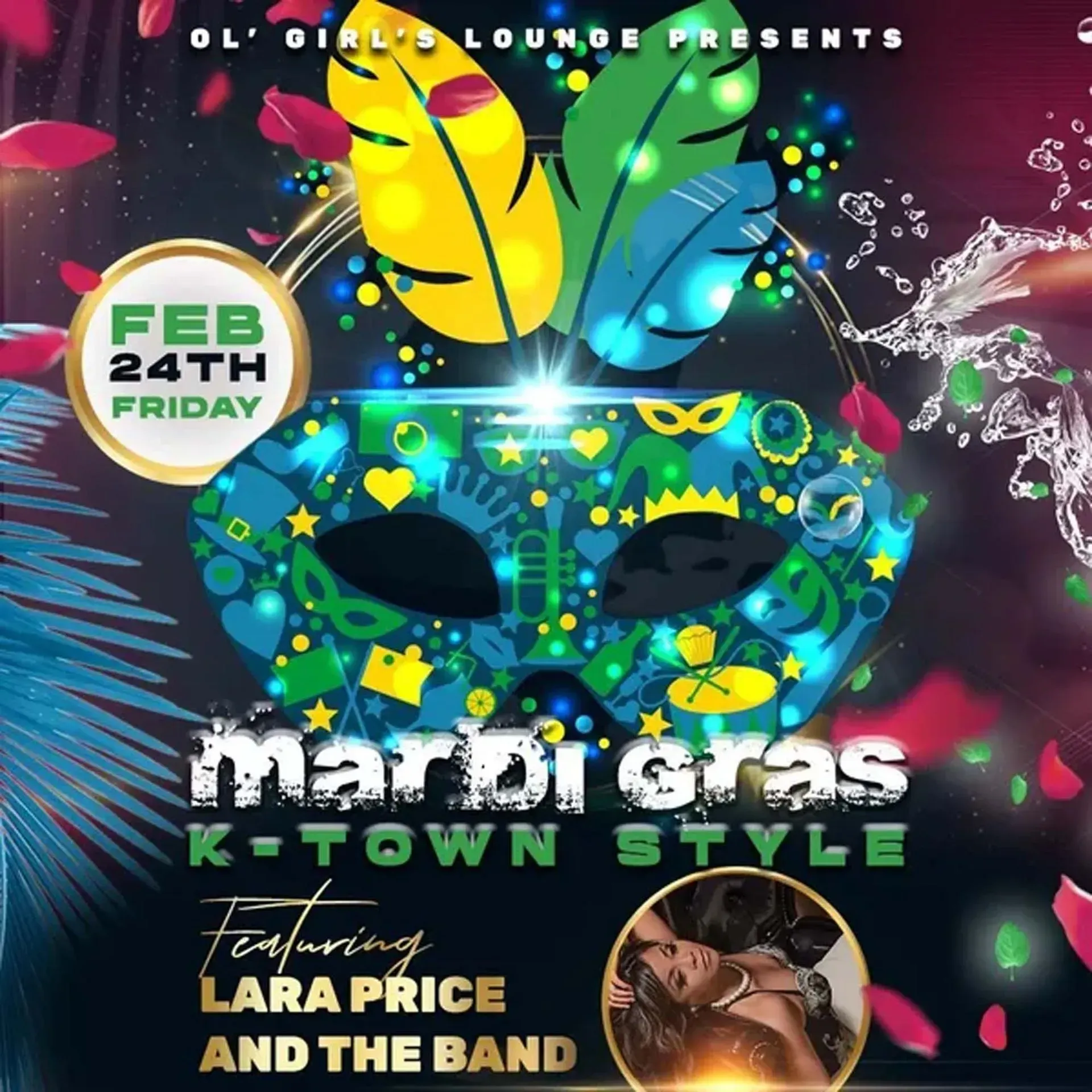 Mardi Gras K-Town Style event poster with colorful mask, feathers, and Feb 24 Friday date