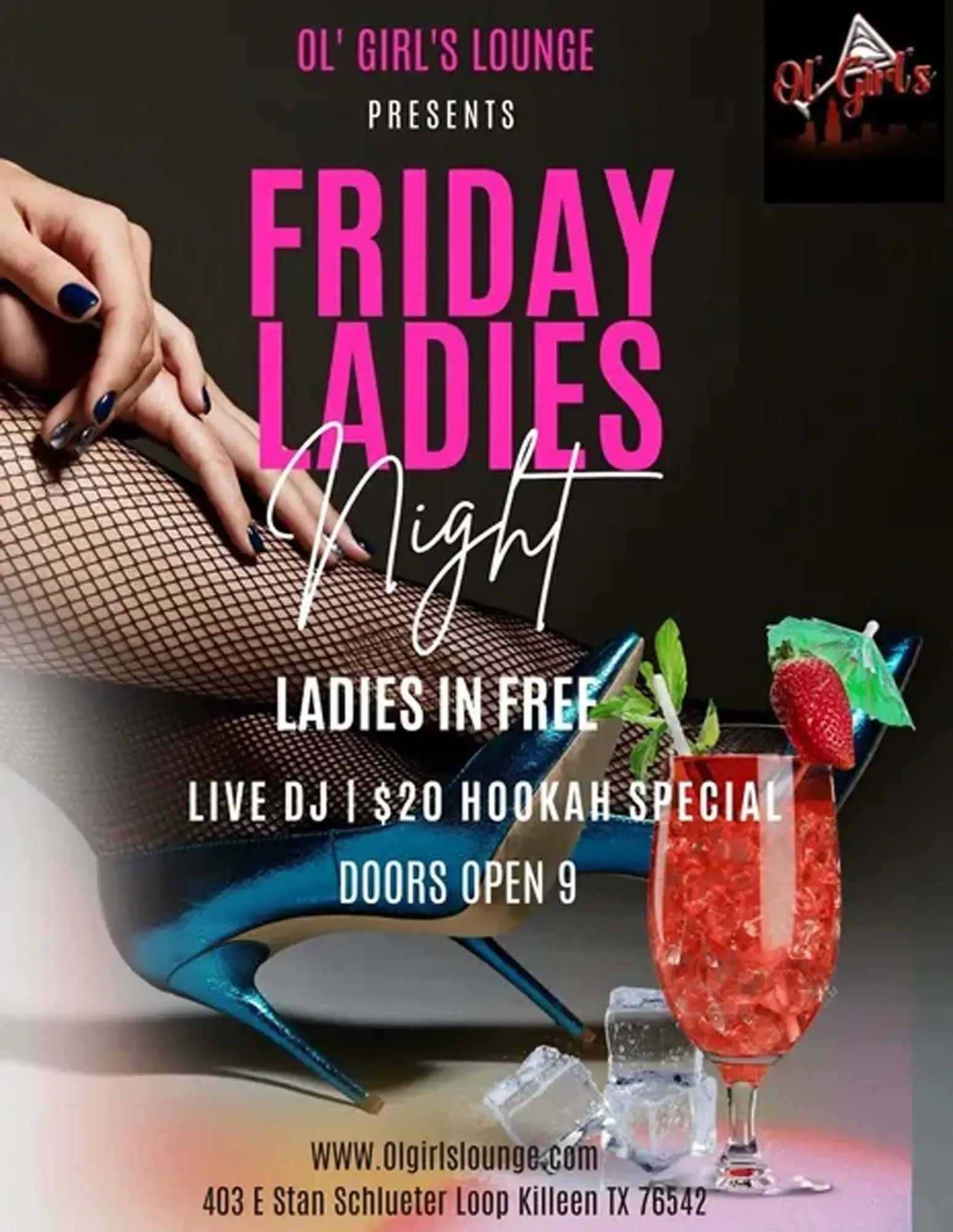 Friday Ladies Night poster with pink text, fishnet-clad legs, and a cocktail on a dark background