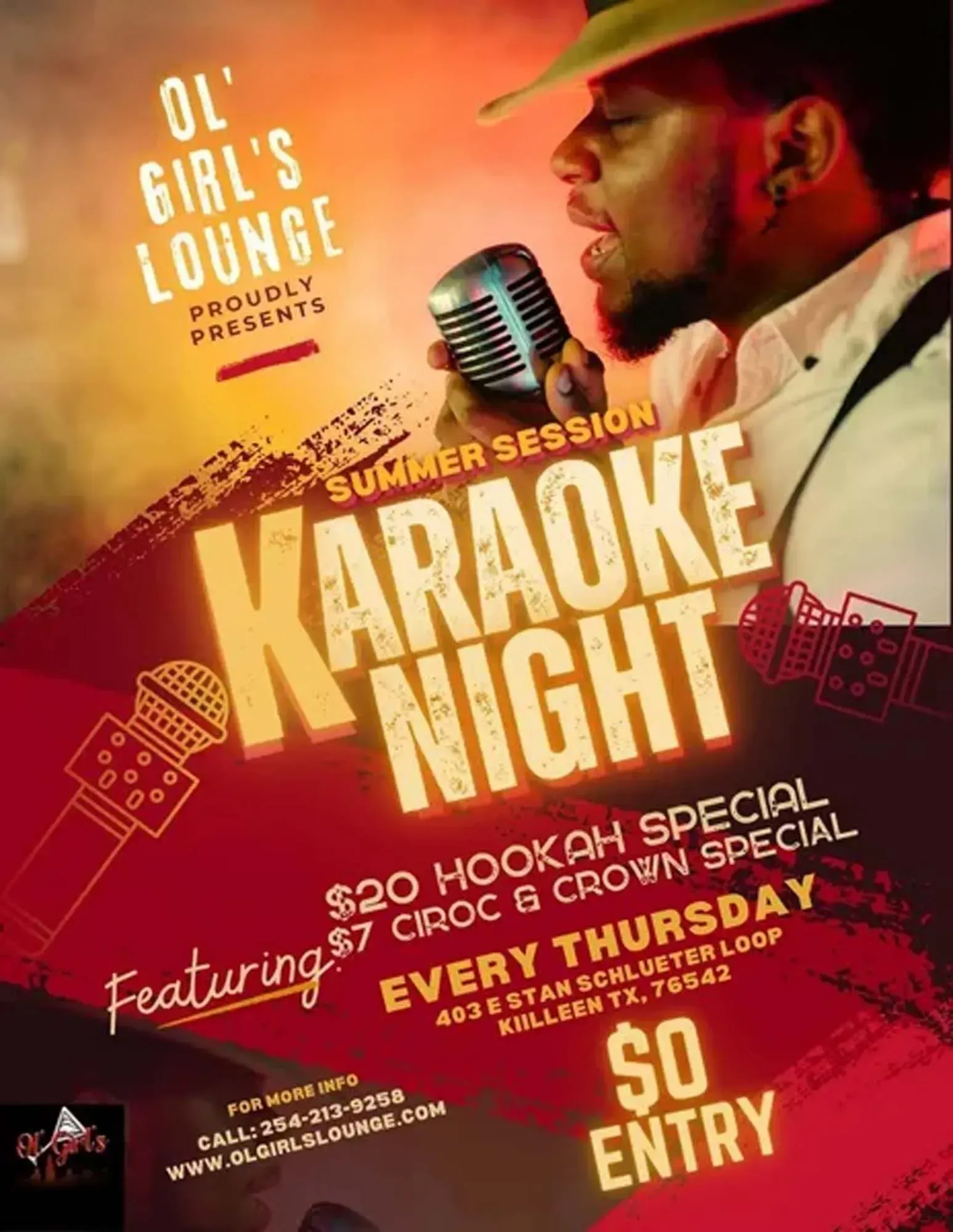 Karaoke night flyer with singer in hat at a microphone, bold orange text, every Thursday, $0 entry.