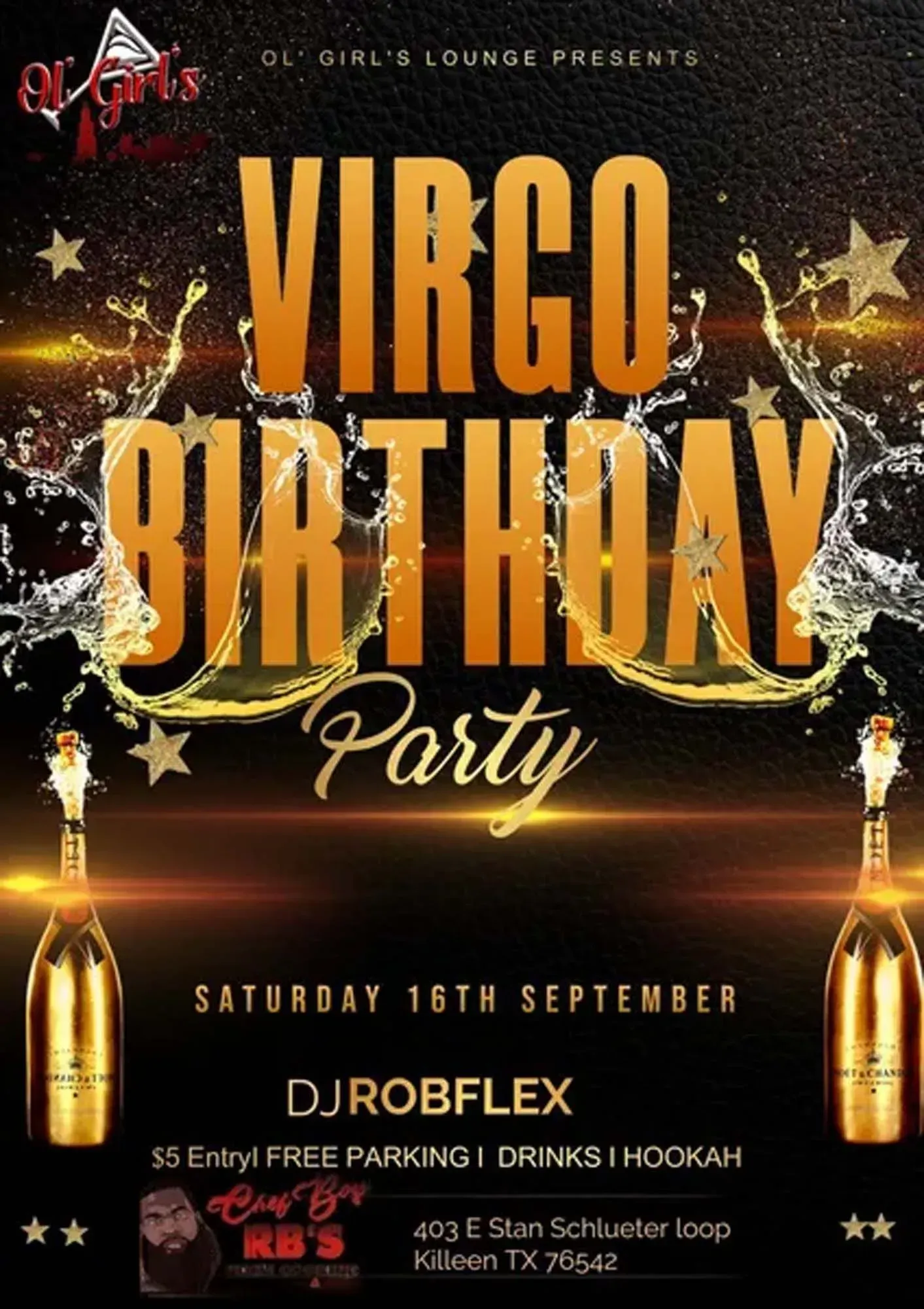 Virgo Birthday Party flyer with gold text, champagne bottles, and DJ Robflex on Saturday 16th September.