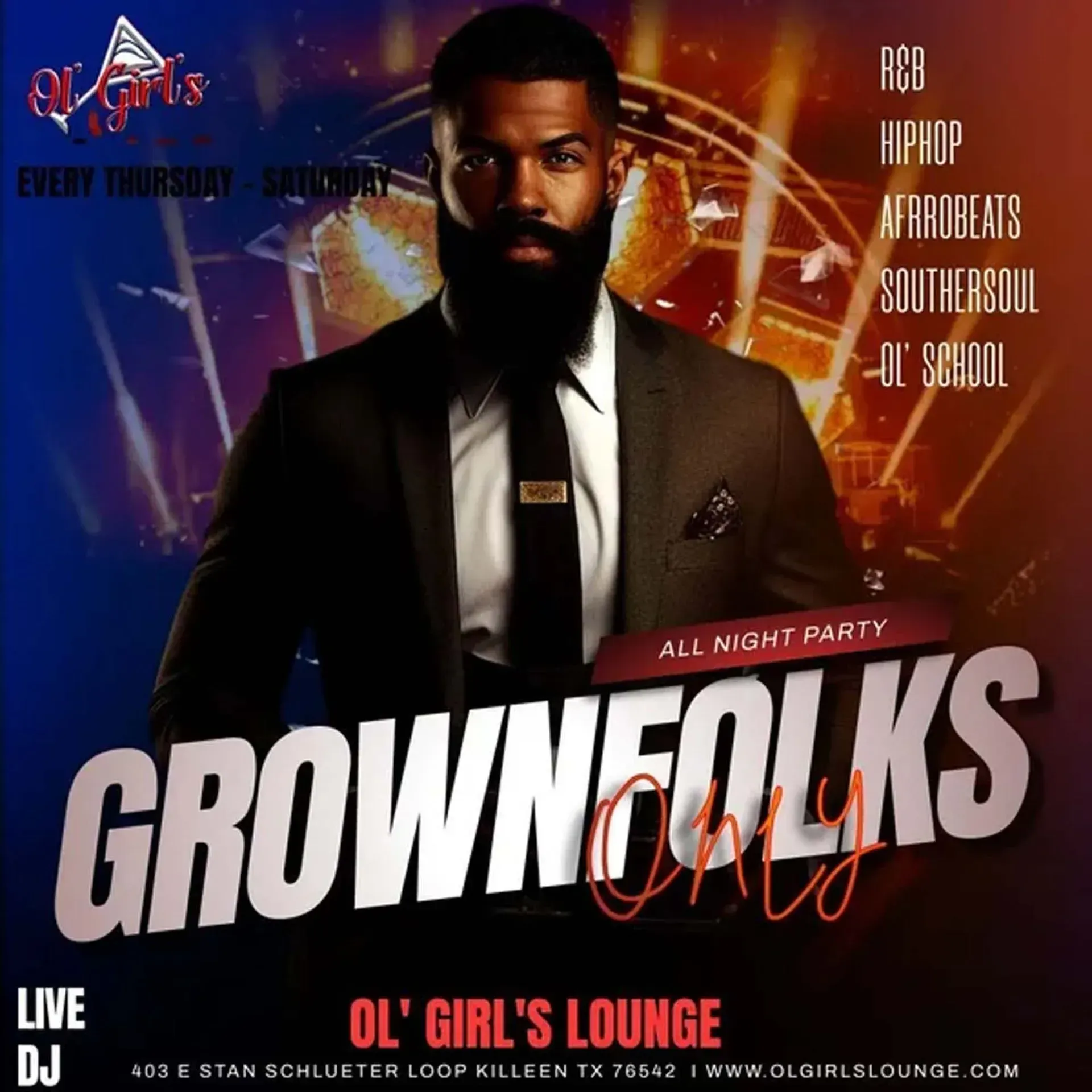 Event poster for “Grown Folks” at Ol’ Girl’s Lounge, featuring a suited man on a purple-orange background.