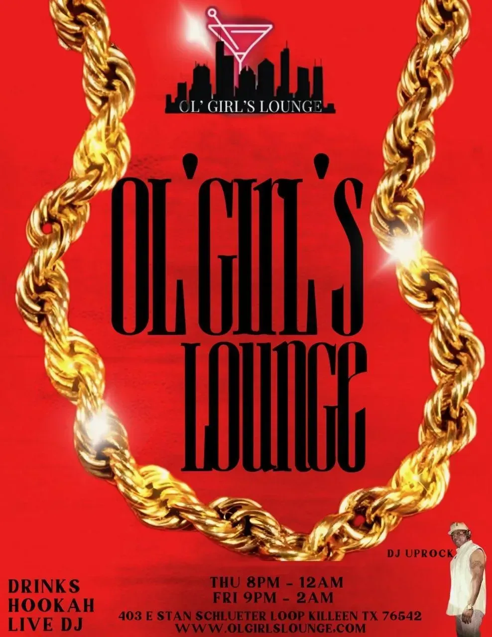 Red poster for “OG GILLS LOUNGE” with gold chains, drinks, hookah, and live DJ details at the bottom