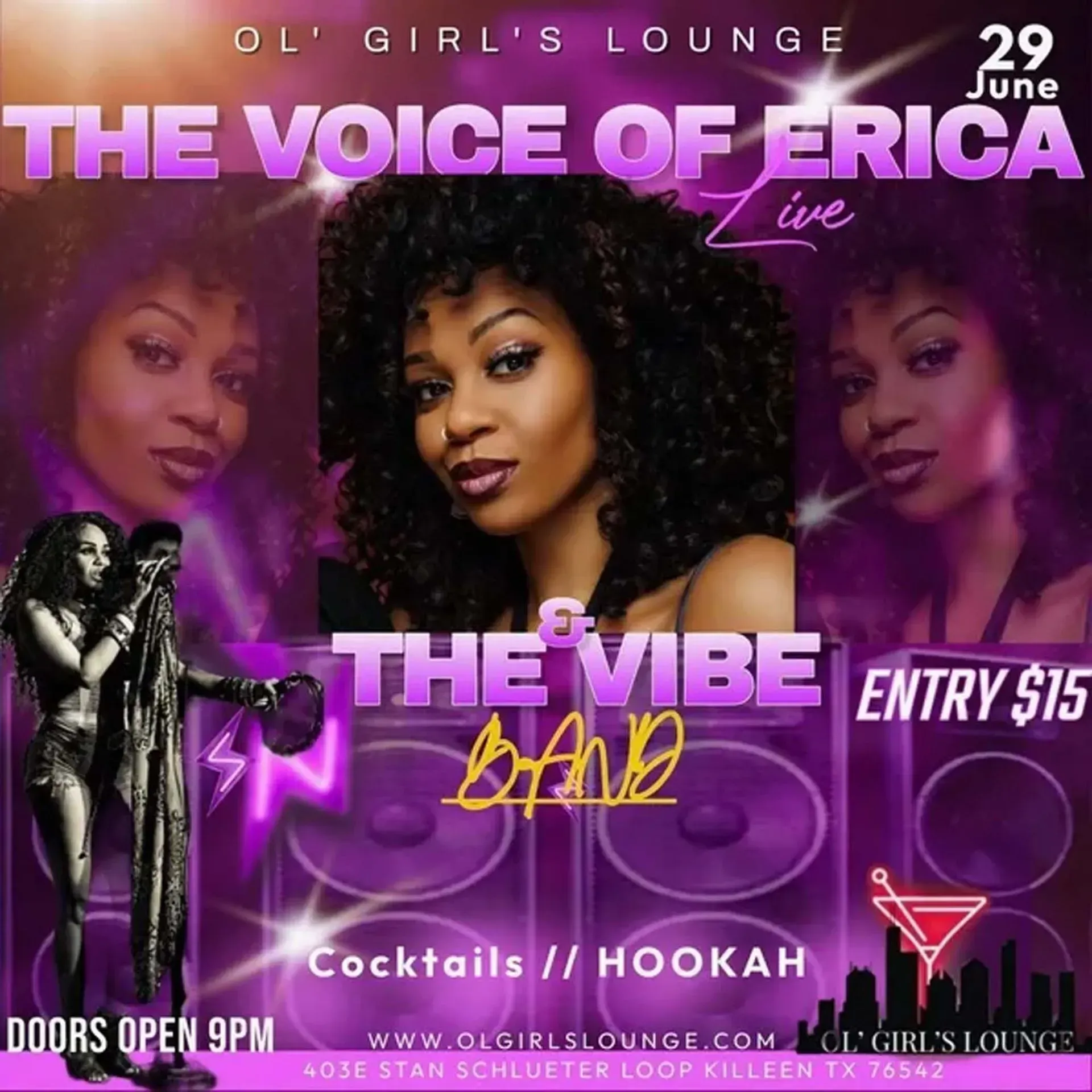 Purple concert flyer for “The Voice of Erica Live” with artist portrait, date, venue, and entry $15