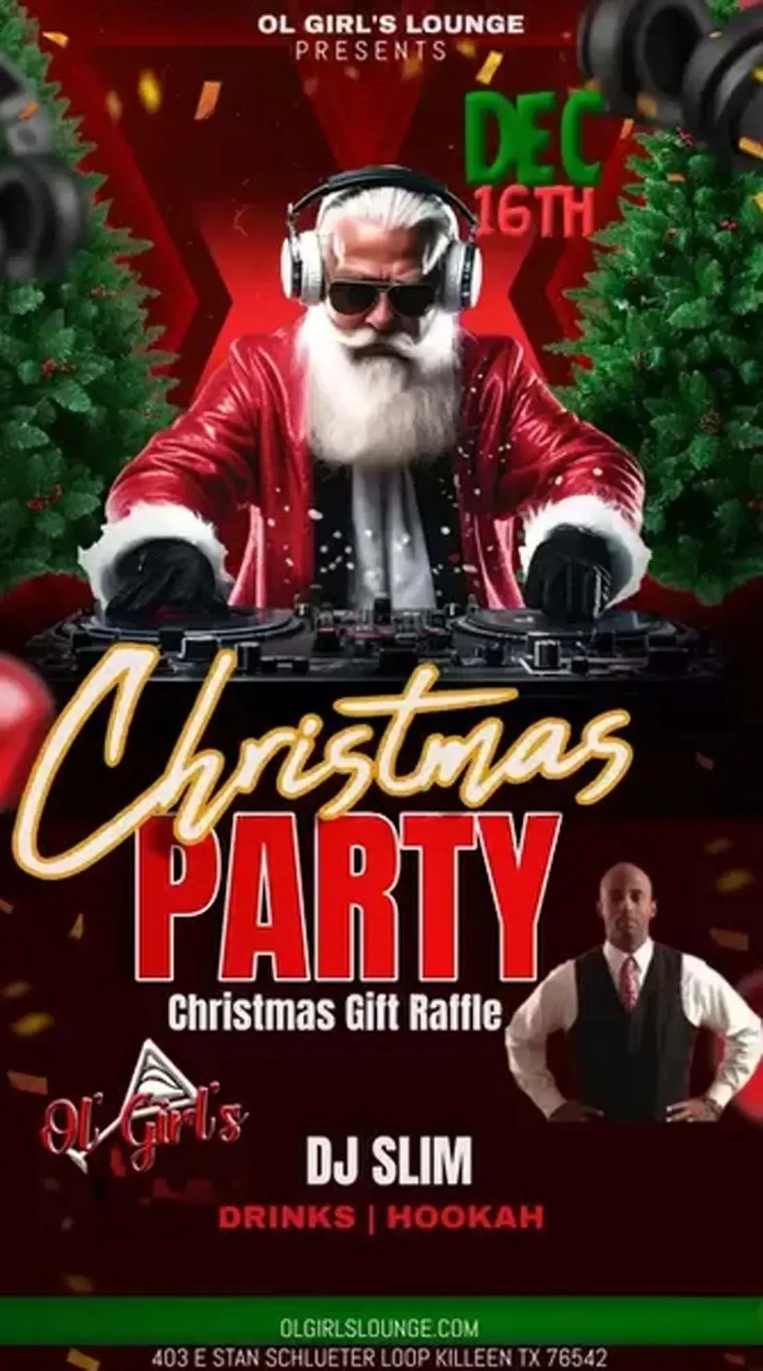 Santa DJ poster for a Christmas party at Old Girls Lounge, Dec 16, with drinks and hookah.