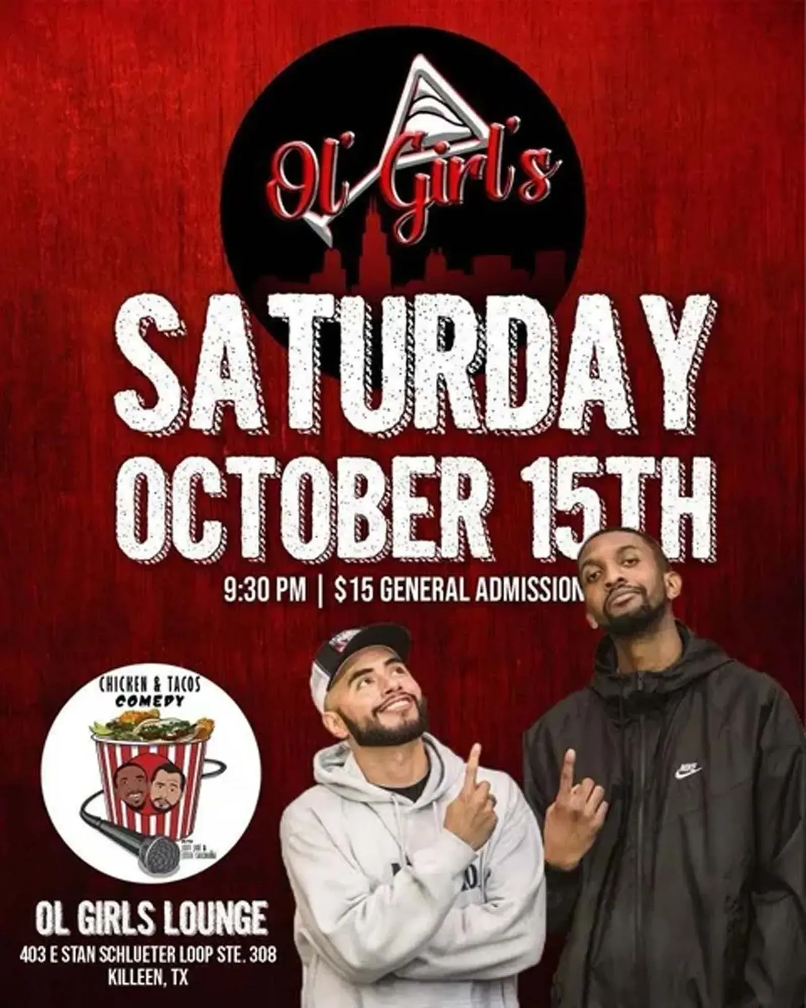 Ol Girls event poster: Saturday, October 15th, 9:30 PM, at Ol Girls Lounge, with two men on a red background.