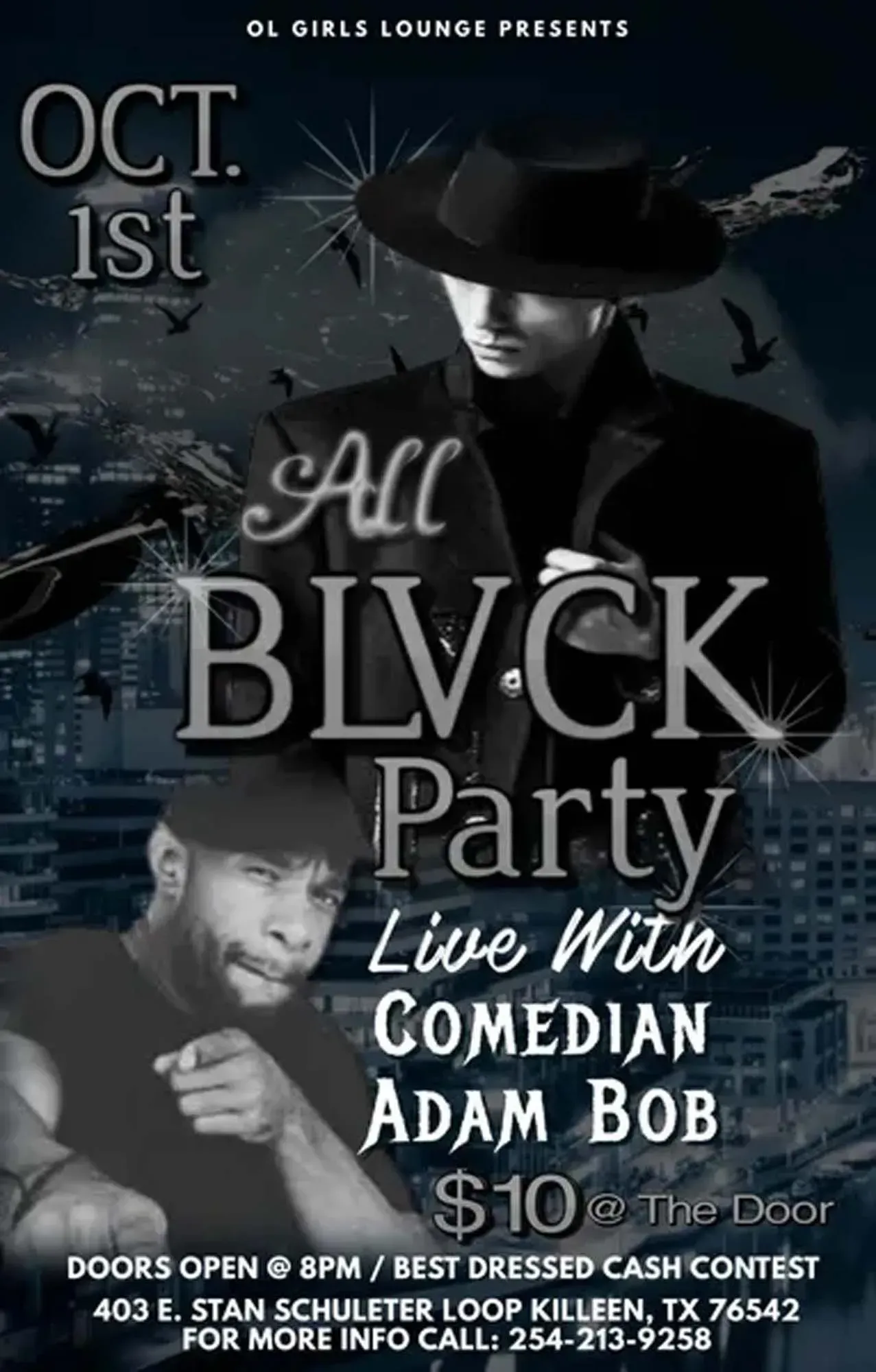 Flyer for “All Blvck Party” with comedian Adam Bob, Oct. 1st, dark theme and dress contest details