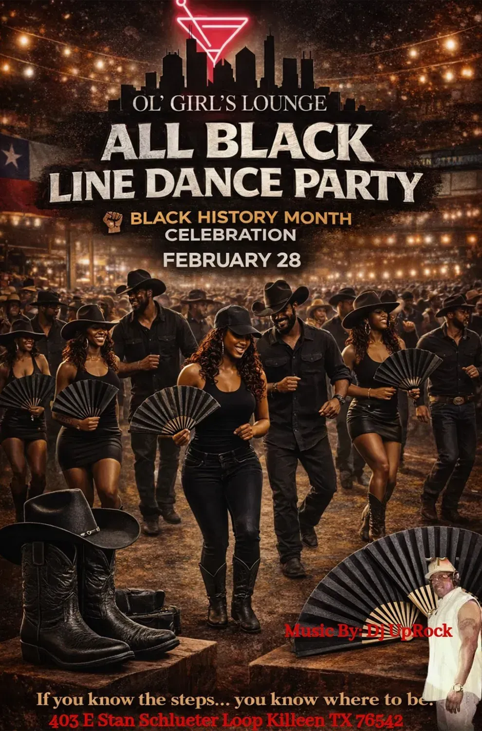 All Black line dance party poster with dancing crowd, warm lights, and event details for Black History Month, Feb. 26.