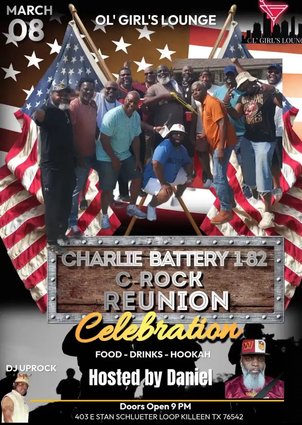 C-Rock Reunion Celebration poster with a group photo, stars, and event details at Ol’ Girl’s Lounge.