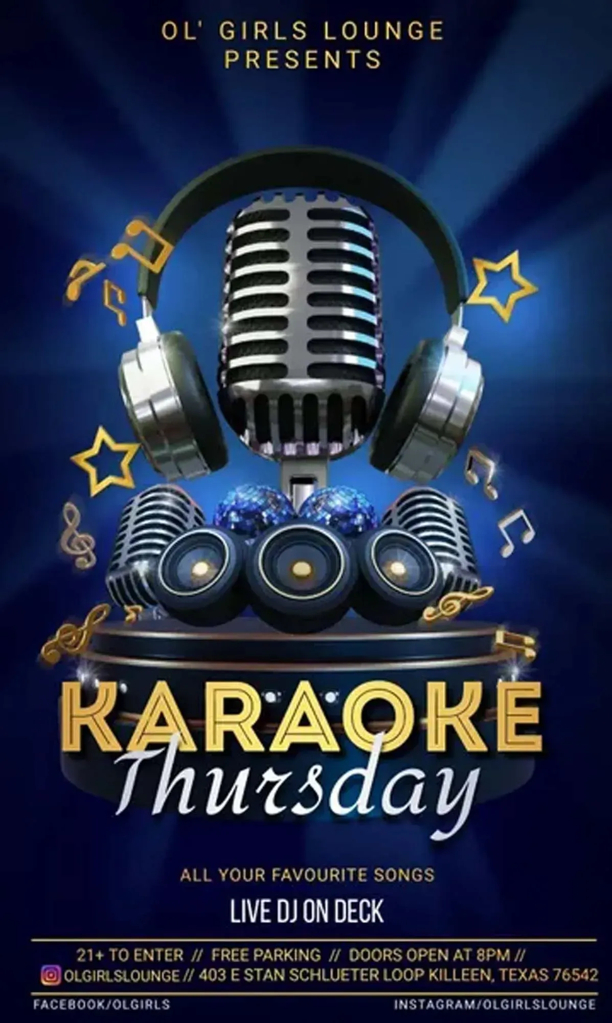 Karaoke Thursday poster with microphone, headphones, speakers, and gold-blue lights on a dark background