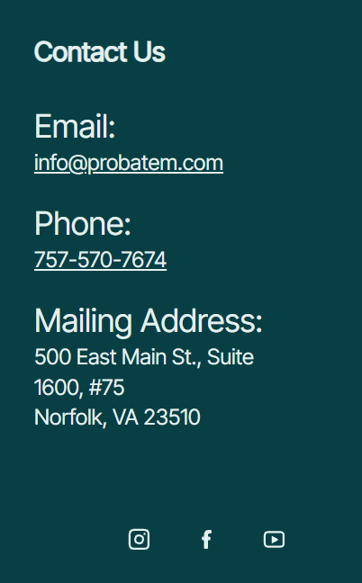 Contact us details on dark teal background: email, phone, mailing address, and social media icons.