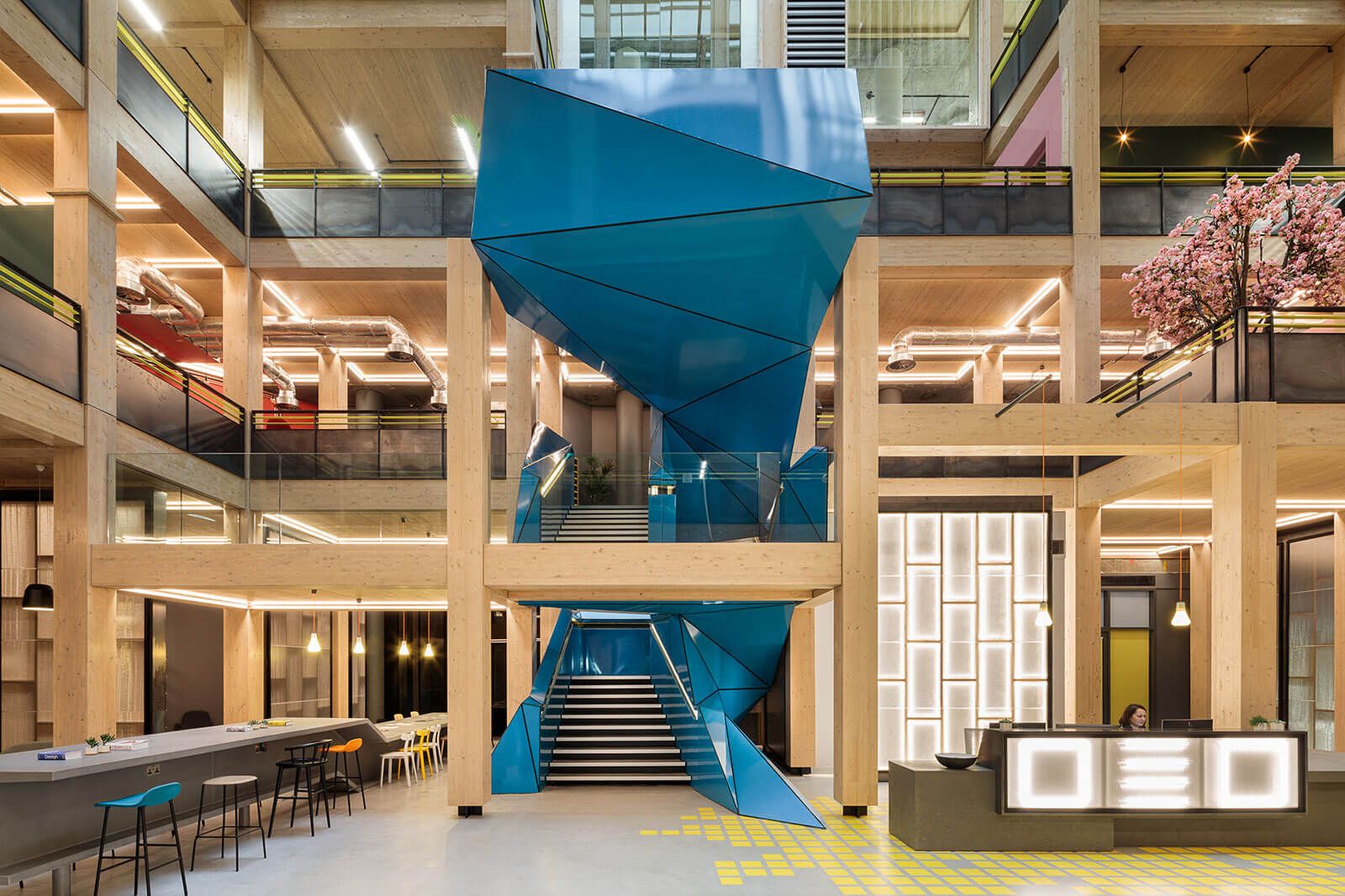 Large blue geometric staircase structure in London office