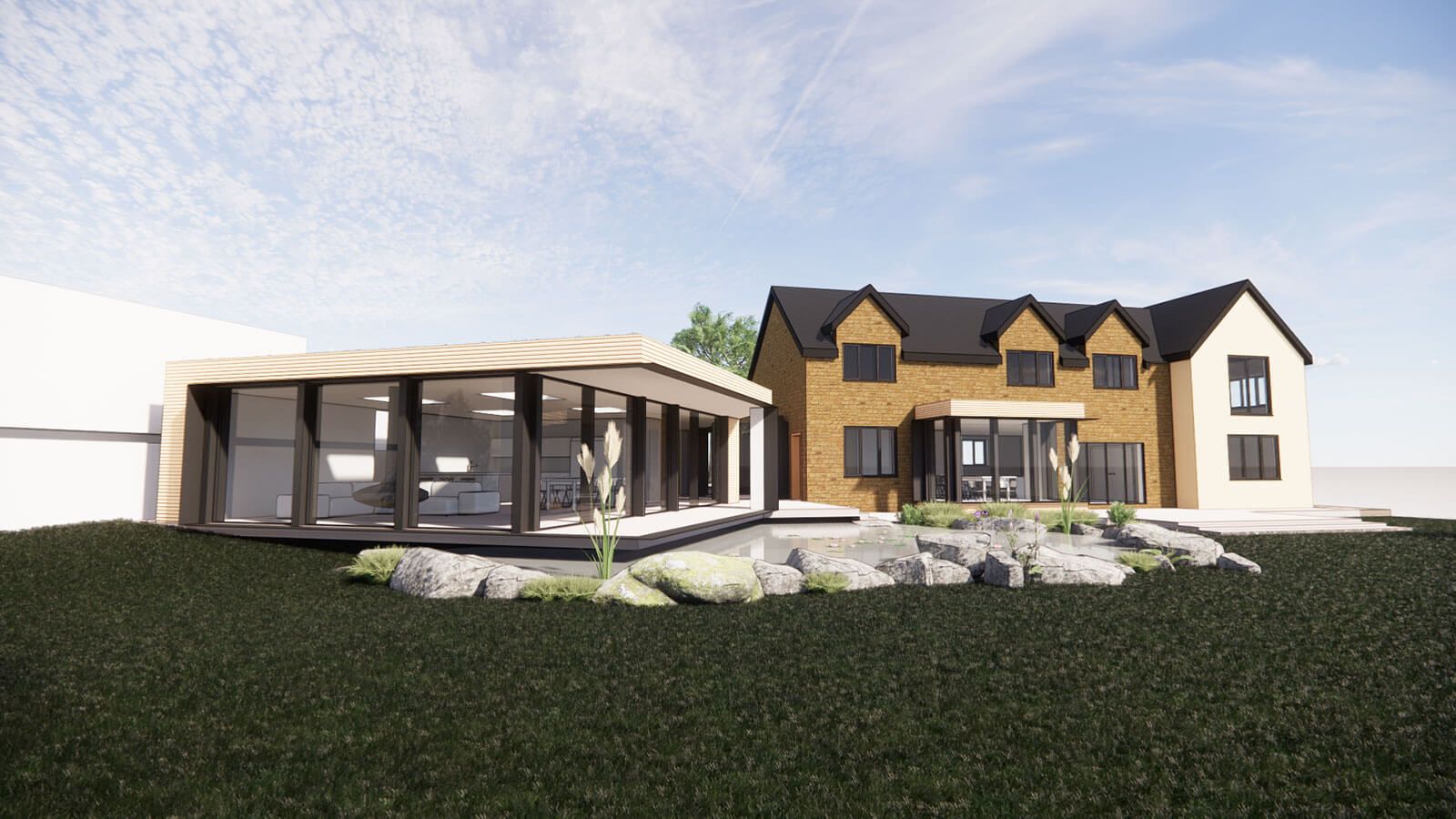 Architecture CGI of house extension and new-build outbuilding