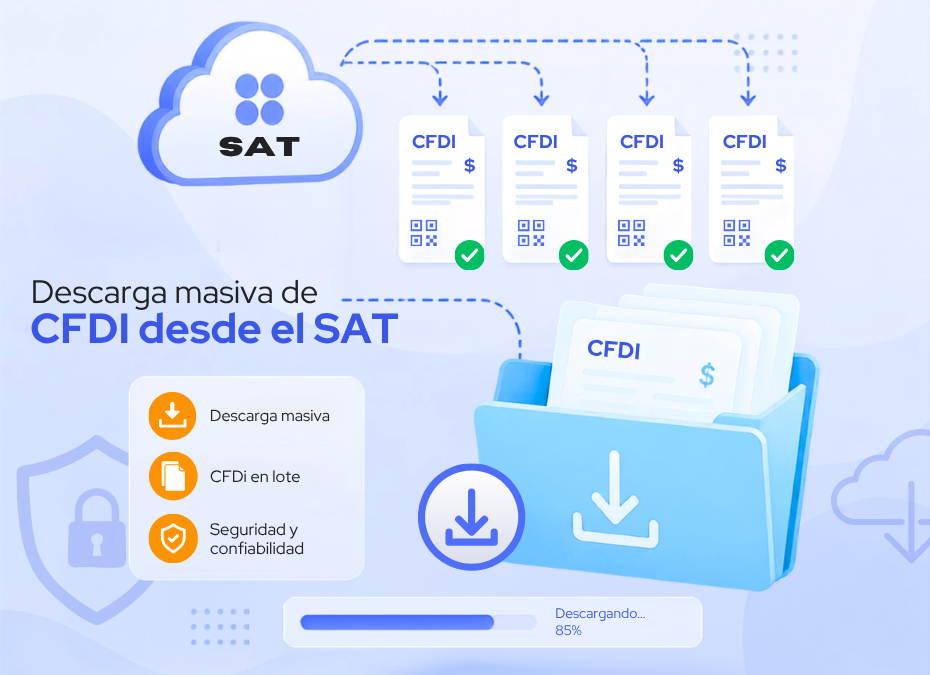 Descarga masiva de CFDI del SAT con nube, archivos y carpeta azul de descarga