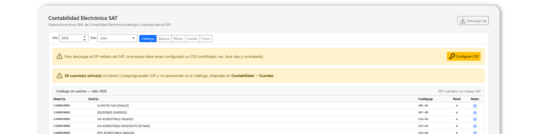 Panel de control del sitio web con banners de advertencia amarillos y una pestaña.