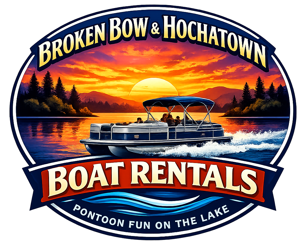 A logo for Broken Bow & Hochatown Boat Rentals featuring a pontoon boat on a lake at sunset with mountains in the background.